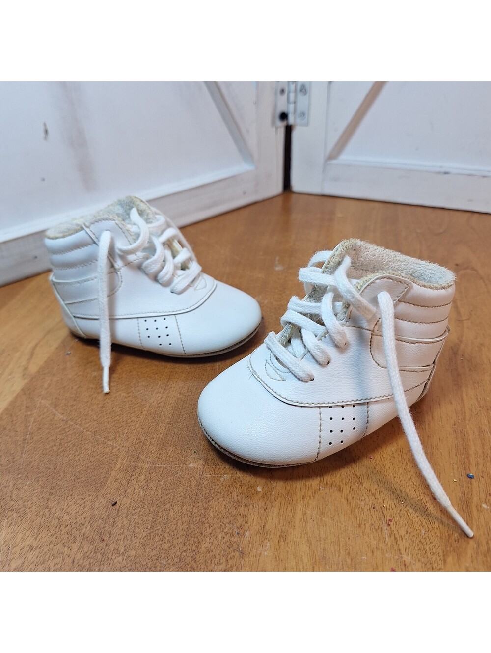 VTG White Leather High Top Infant Baby Tennis Shoes Check Measurements for Size